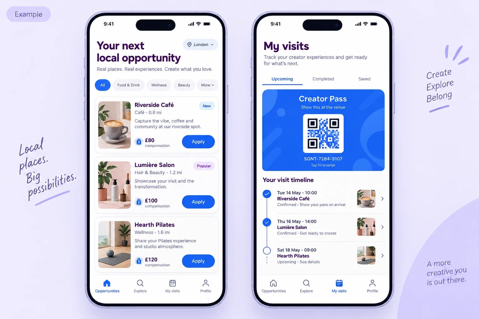 Creator opportunity and digital visit pass screens