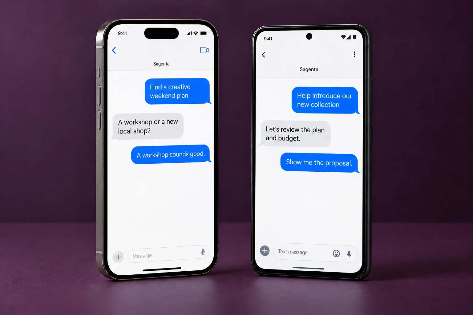 Generated illustration of iPhone and Android hardware with example Sagenta conversations about a workshop and a local collection launch